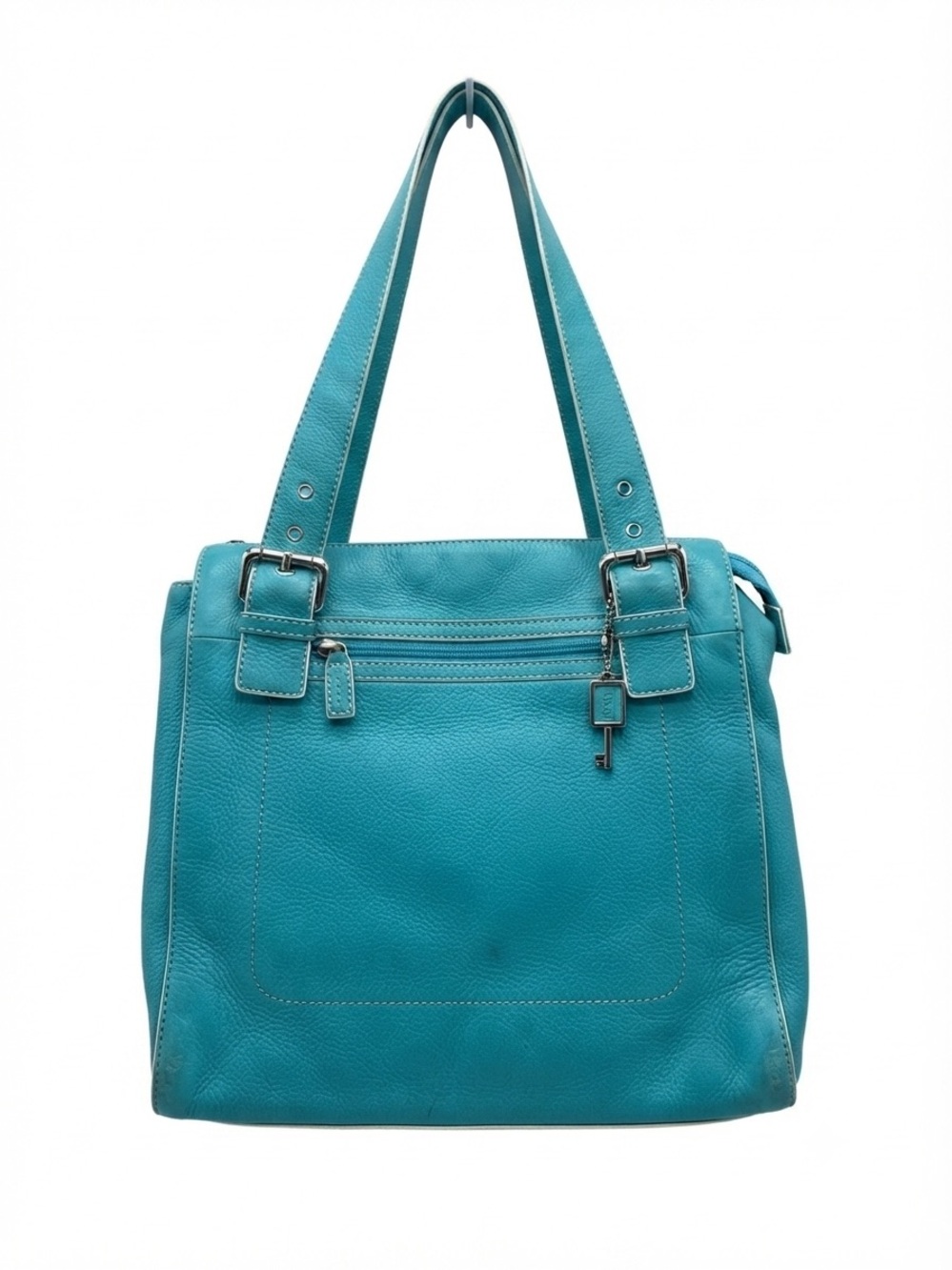 VTG Fossil Turquoise Genuine Leather Shoulder Bag Y2K Aqua Teal Tote Silver Key